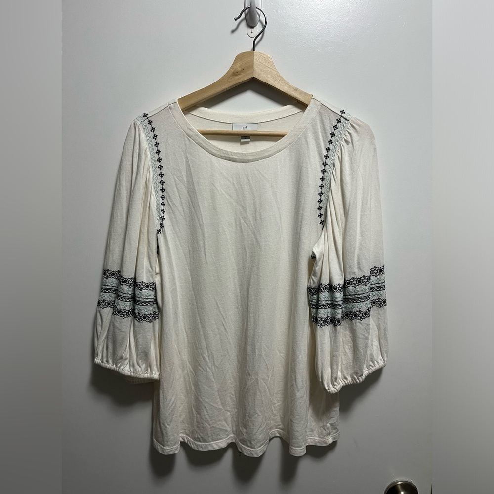 J.Jill Women's Cream Blouse with Black And Light Blue Embroidery Size Medium